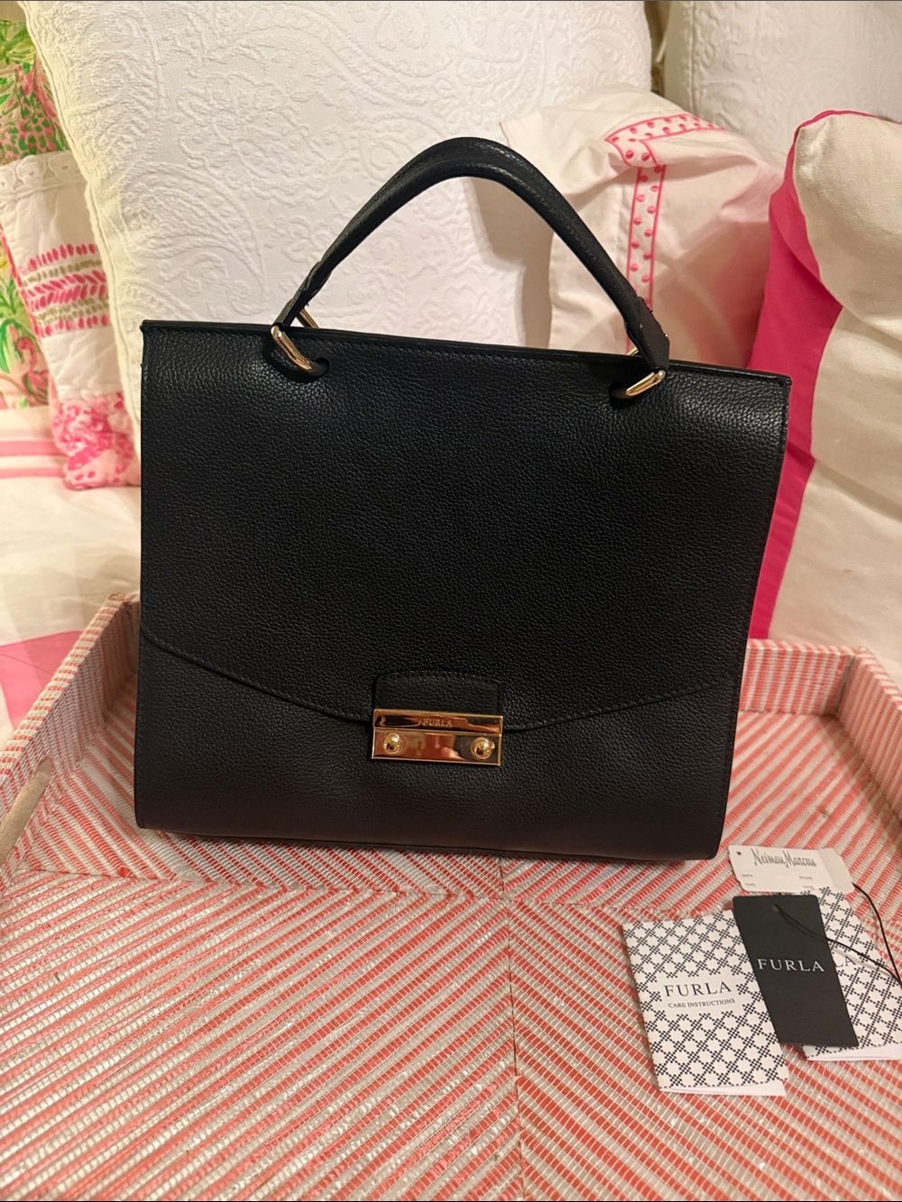 Furla Black Leather Top-Handle Satchel with Gold Hardware Julia model